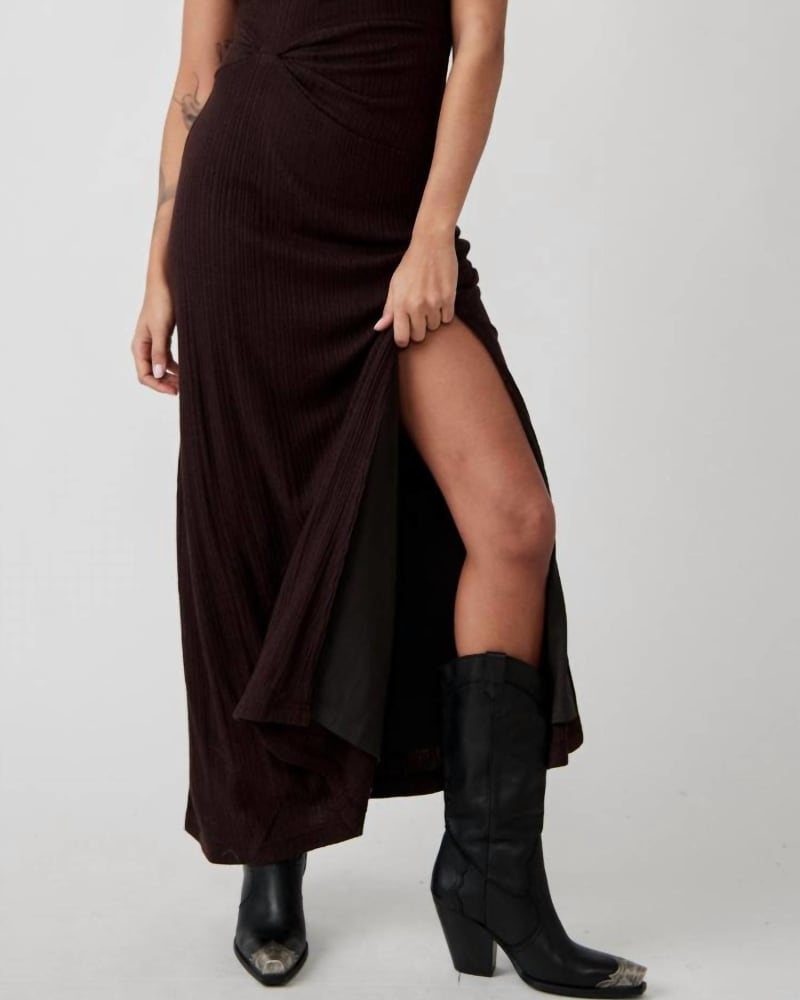 Front of a model wearing a size Large Athea Dress In Espresso Bean in Espresso Bean by Free People. | dia_product_style_image_id:346816